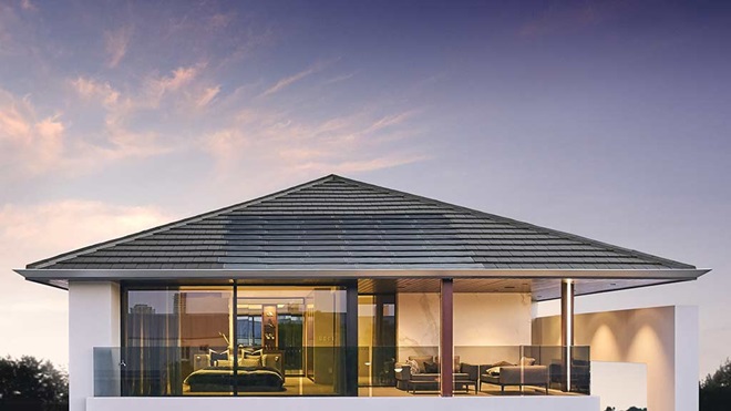 integrated solar roof tiles on modern house